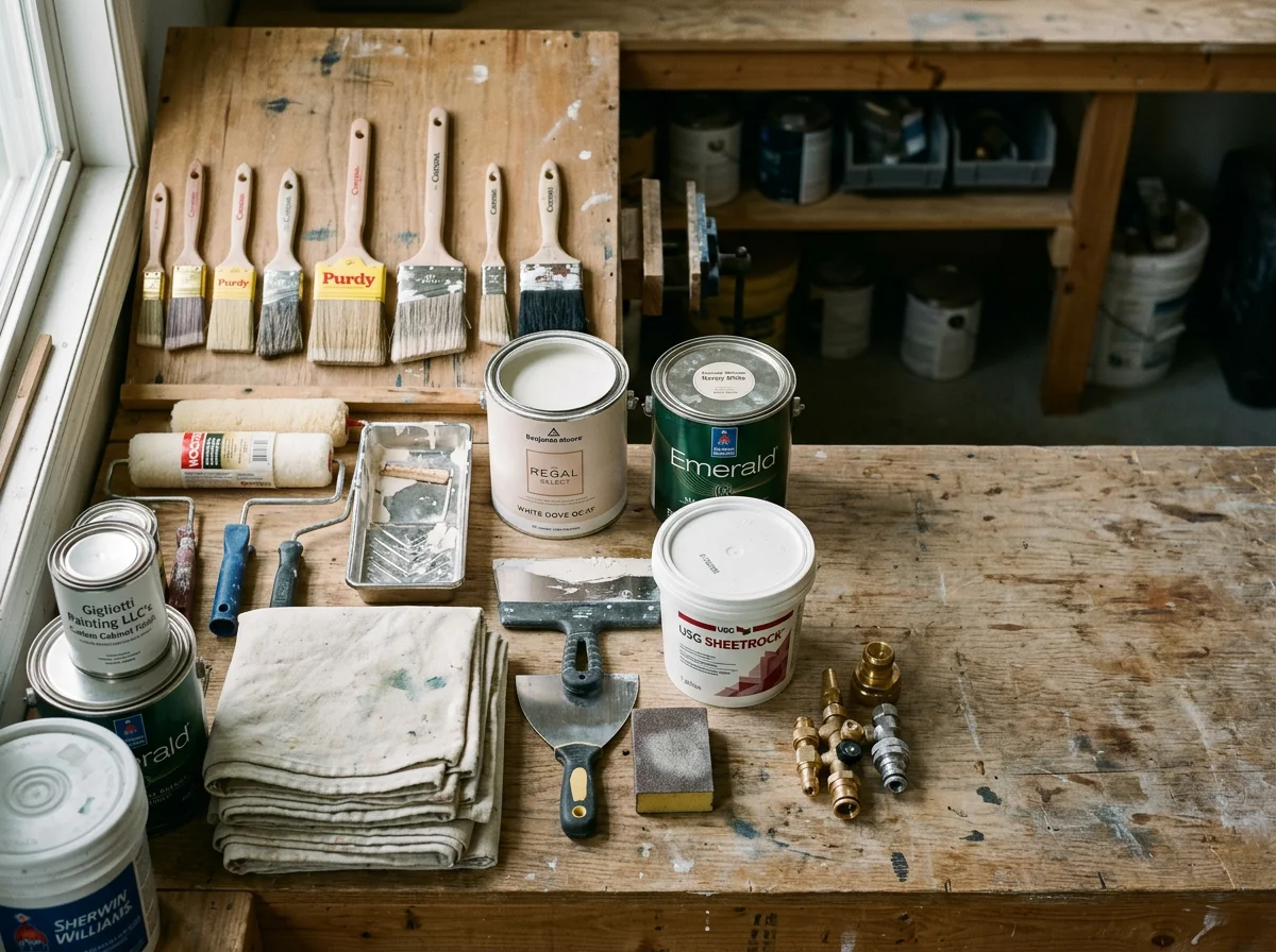Professional painting tools and equipment arranged on a work surface, ready for interior and exterior projects.