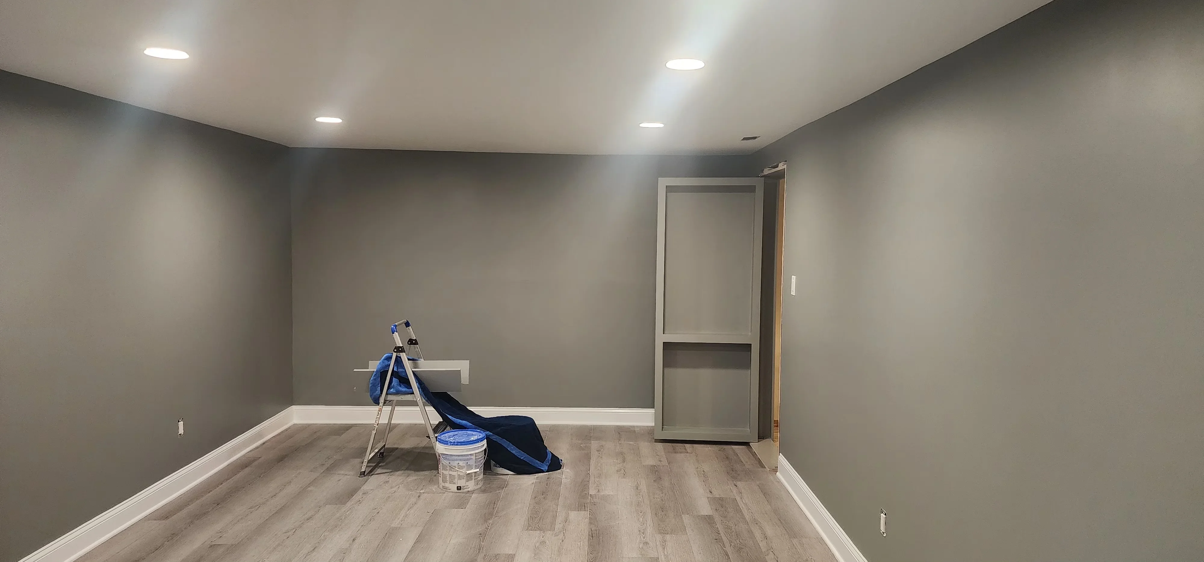 Finished basement room with gray painted drywall, white trim, recessed lighting, and new interior door
