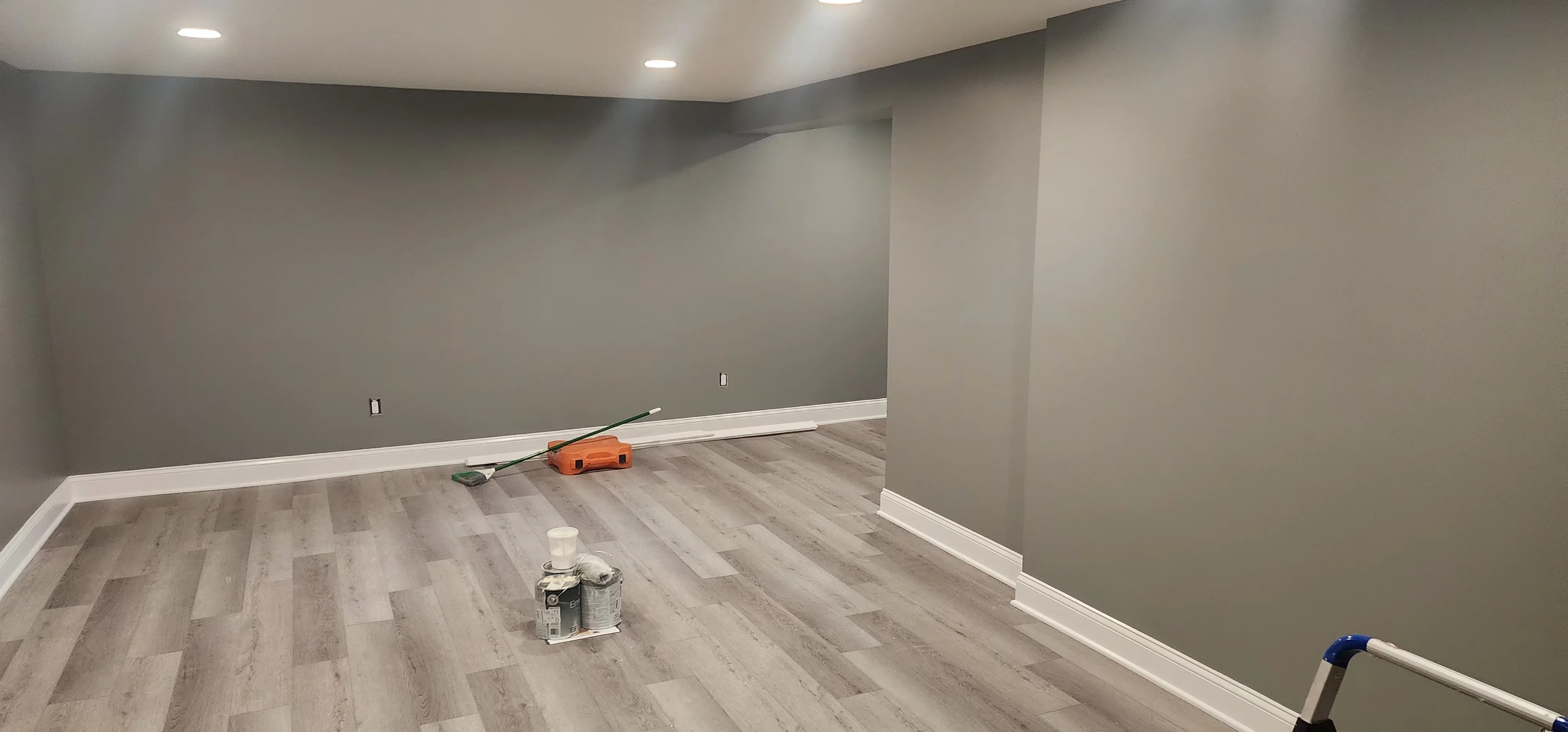 Gray painted drywall walls with white trim, recessed lighting, and light wood-look flooring in finished interior room
