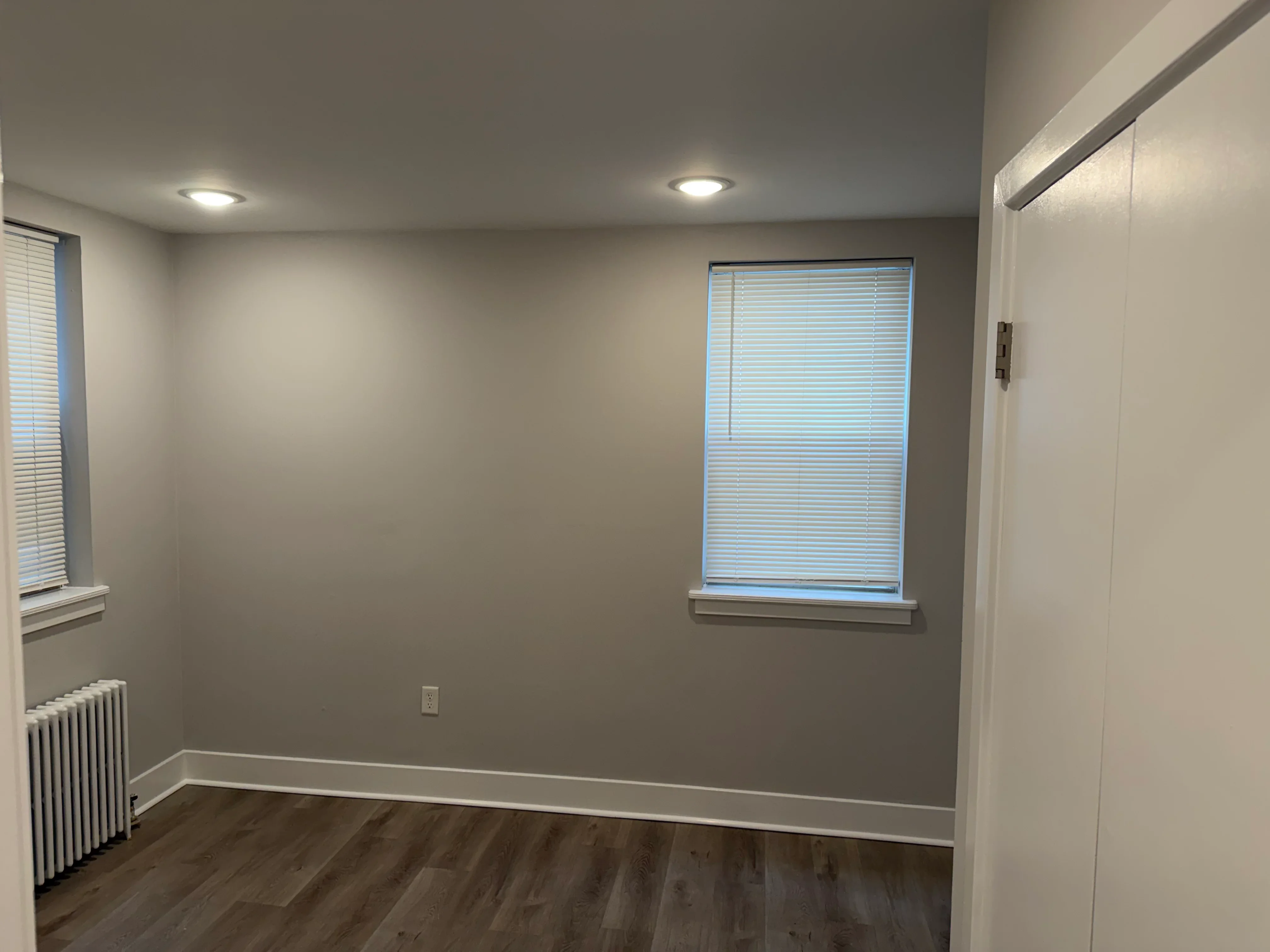 Gray painted walls with white trim, baseboards, and recessed ceiling lights in finished interior room