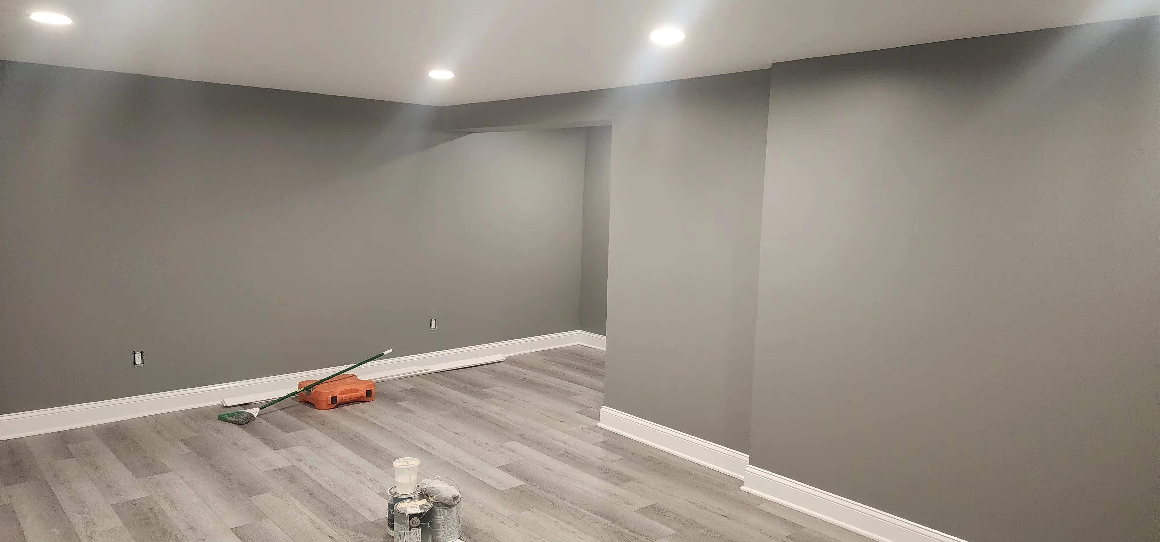 Gray painted basement walls with white trim, recessed lighting, and vinyl plank flooring