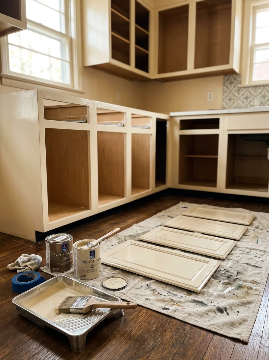 Painter applying cabinet paint to kitchen cabinet frames inside a mid-century Delaware home, with cabinet doors removed and laid flat on a drop cloth.