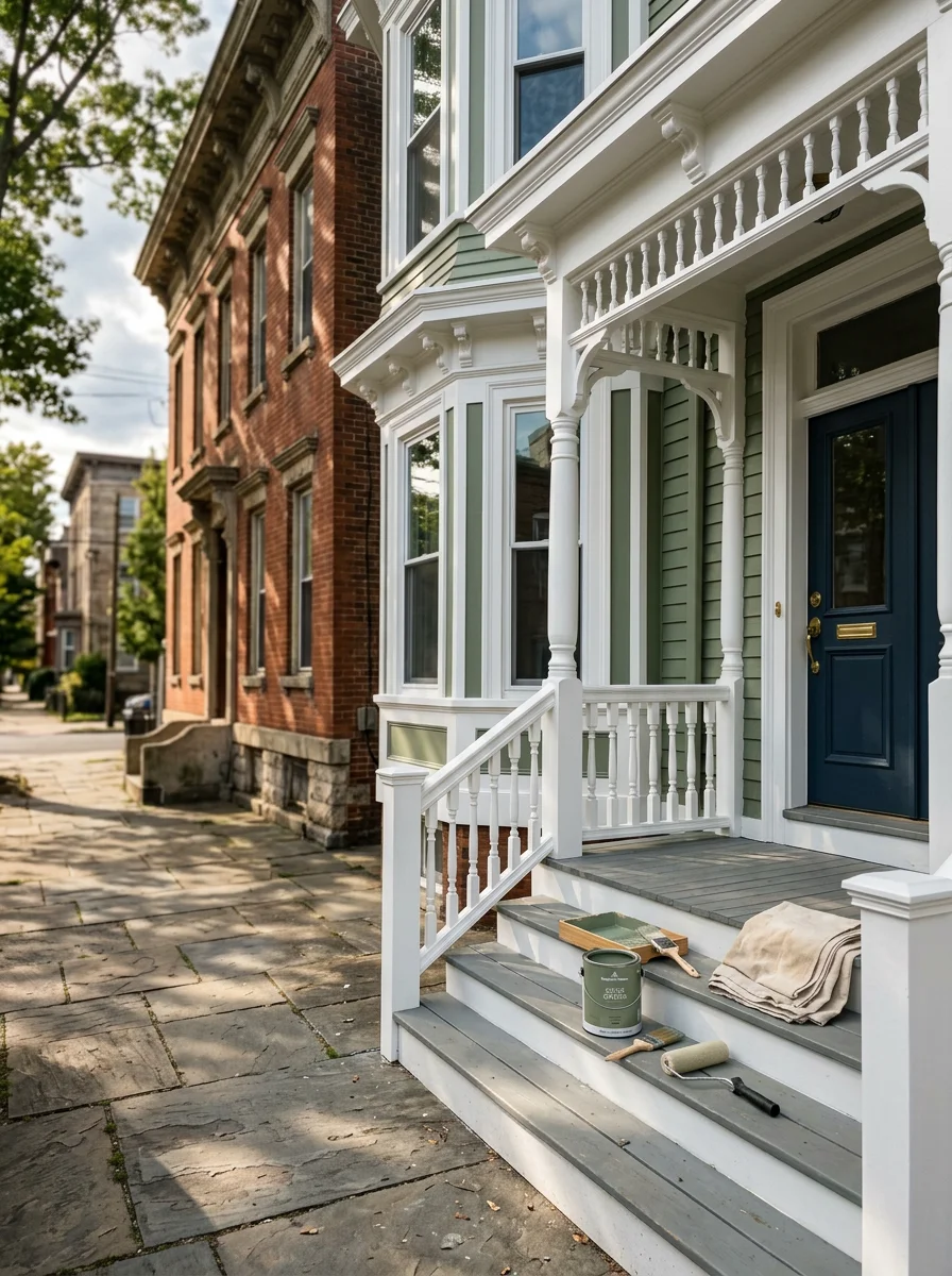 Painter applying fresh exterior paint to the trim and siding of a Victorian-style New Jersey home, with detailed woodwork visible along the porch railing and window casings.