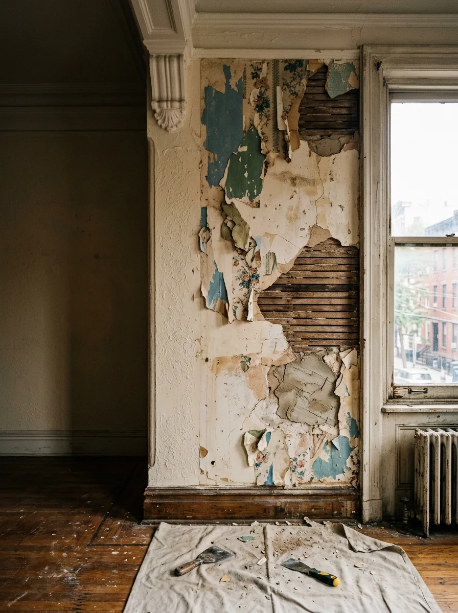 Painter removing layered wallpaper from the interior walls of a pre-war New York apartment, with wall surface exposed and repair materials staged nearby.