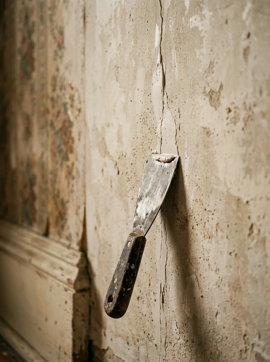 Close-up of a painter spackling a hairline crack in a plaster wall inside an older Pennsylvania home before repainting.