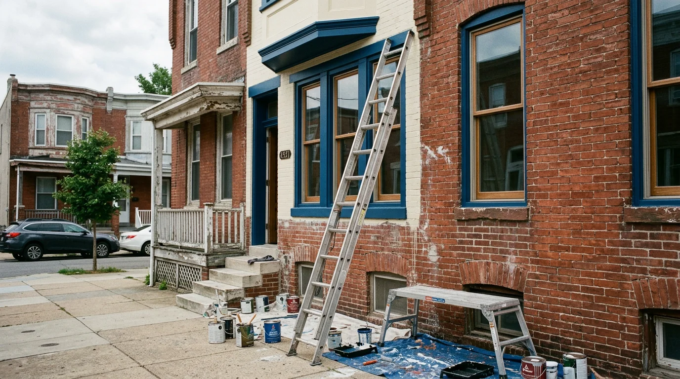 Painter applying exterior paint to a brick rowhouse facade in Pennsylvania, with a ladder set against the front wall and trim work visible around the windows.
