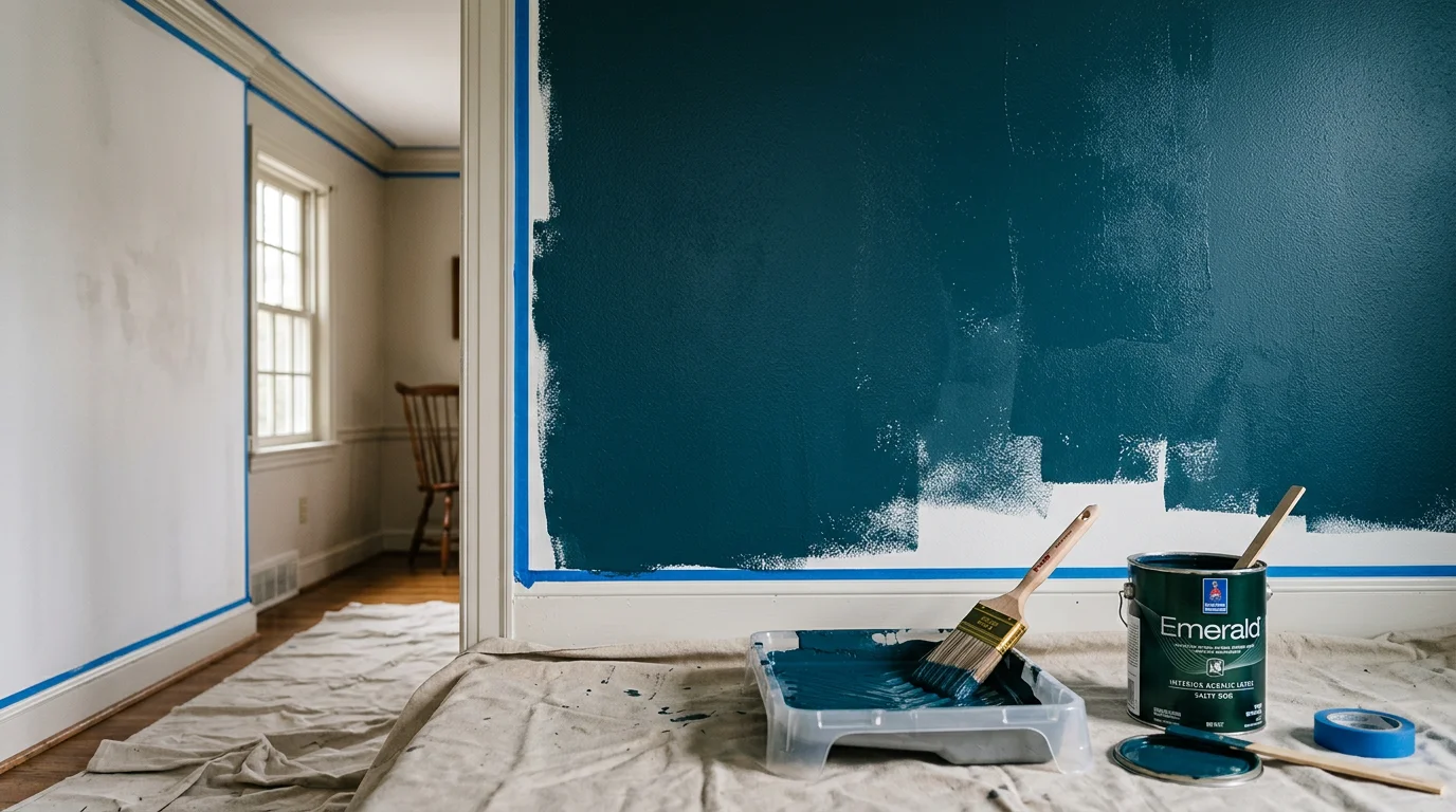 A freshly painted deep green accent wall in a Pennsylvania living room, with clean edges along white trim and neutral surrounding walls. The focal wall draws the eye toward the center of the room.