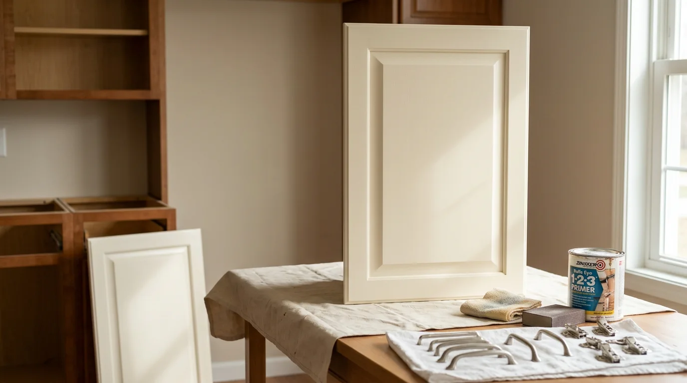 Freshly painted white kitchen cabinets with doors rehung and hardware reinstalled in a Pennsylvania home. The cabinet faces show a smooth, even finish with no brush marks or drips.