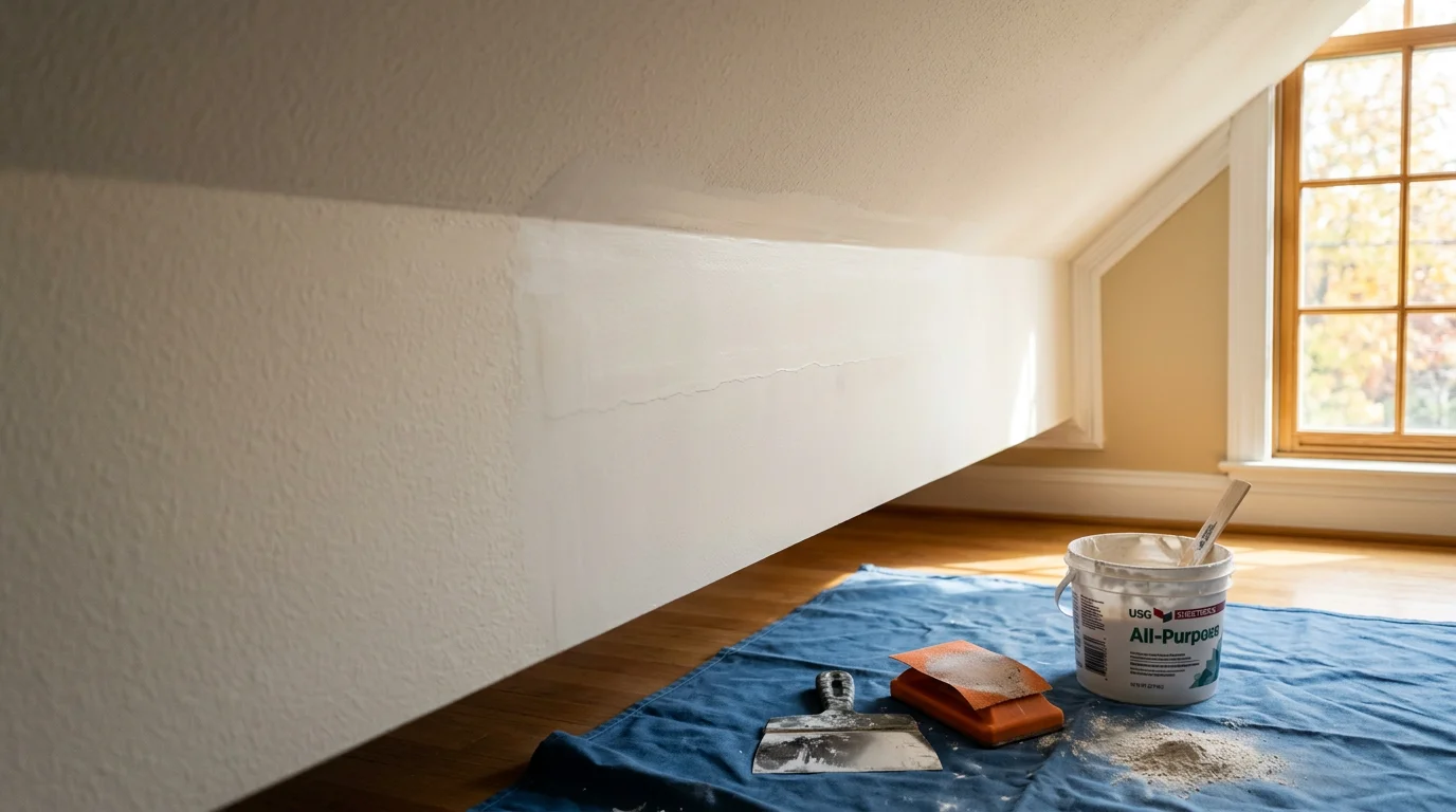 A repaired and smoothed wall crack on the ceiling of a Pennsylvania home, showing a seamless finish ready for paint. The repair covers a former stress fracture along a drywall seam in a residential living space.