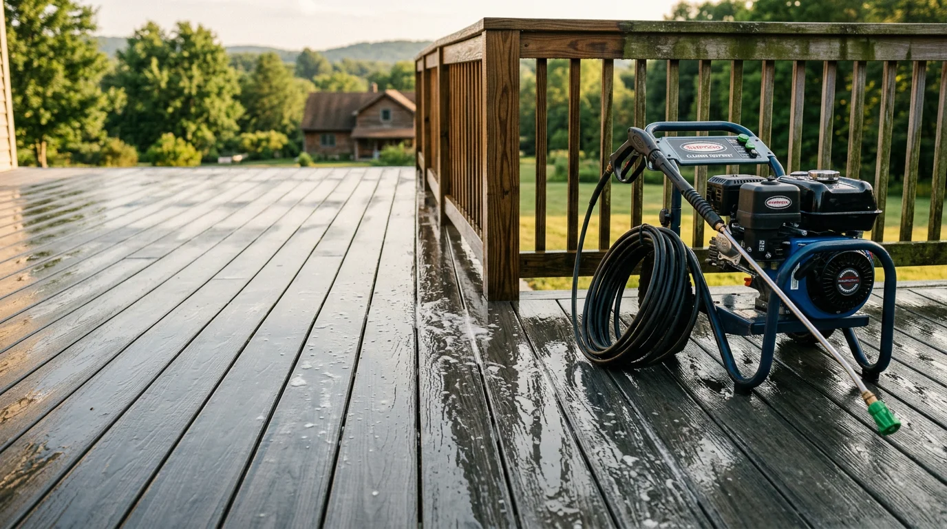A wood deck in Pennsylvania after professional pressure washing, showing clean boards and railings free of mold, mildew, and weather staining. Gigliotti Painting LLC deck cleaning service result on a residential property.