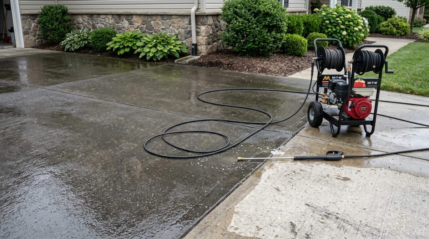 A concrete residential driveway in Pennsylvania after professional pressure washing, showing a clean, uniform surface free of salt stains, tire marks, and algae growth. The cleaned driveway contrasts with the surrounding landscaping on a clear day.