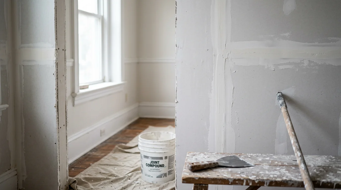 A freshly finished drywall wall in a Pennsylvania home interior showing a smooth, sanded surface with no visible seams or screw dimples. The wall is primed and ready for paint in a residential living space.