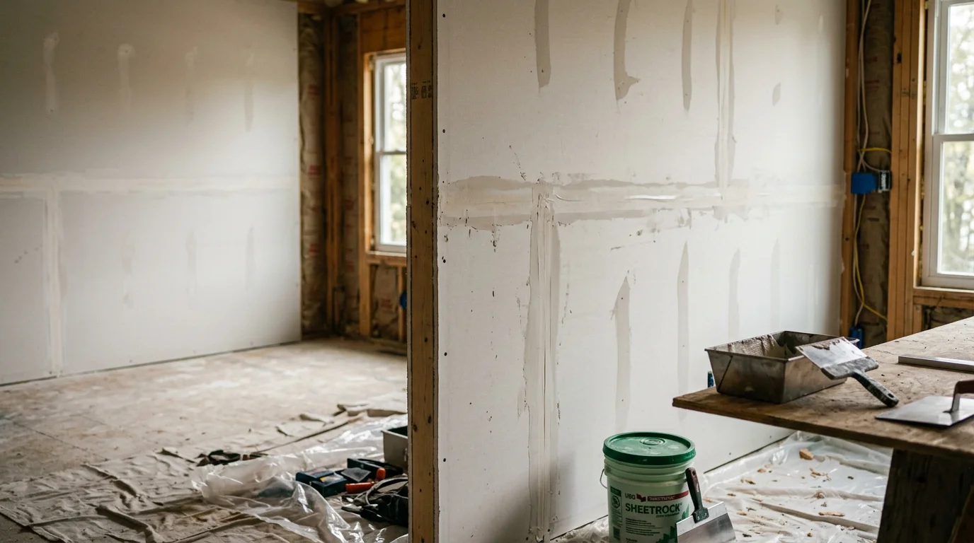 Freshly installed drywall panels covering the walls and ceiling of a room in a Pennsylvania home, with seams aligned and panels fastened flush against the framing. The space is prepared and ready for finishing work.
