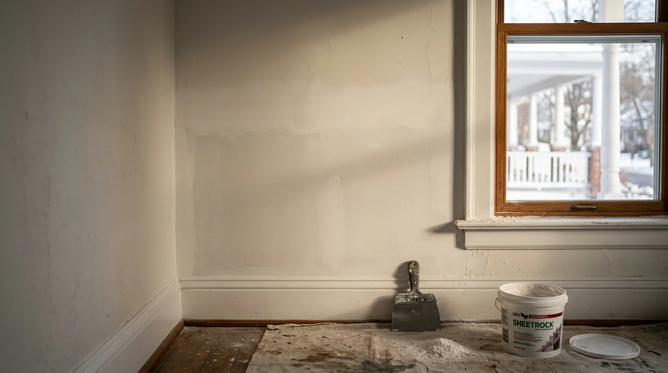 A smooth, freshly repaired interior wall in a Pennsylvania home, with texture matched to the surrounding surface and ready for paint. Close-up view shows no visible seam or patch line after the drywall repair is complete.