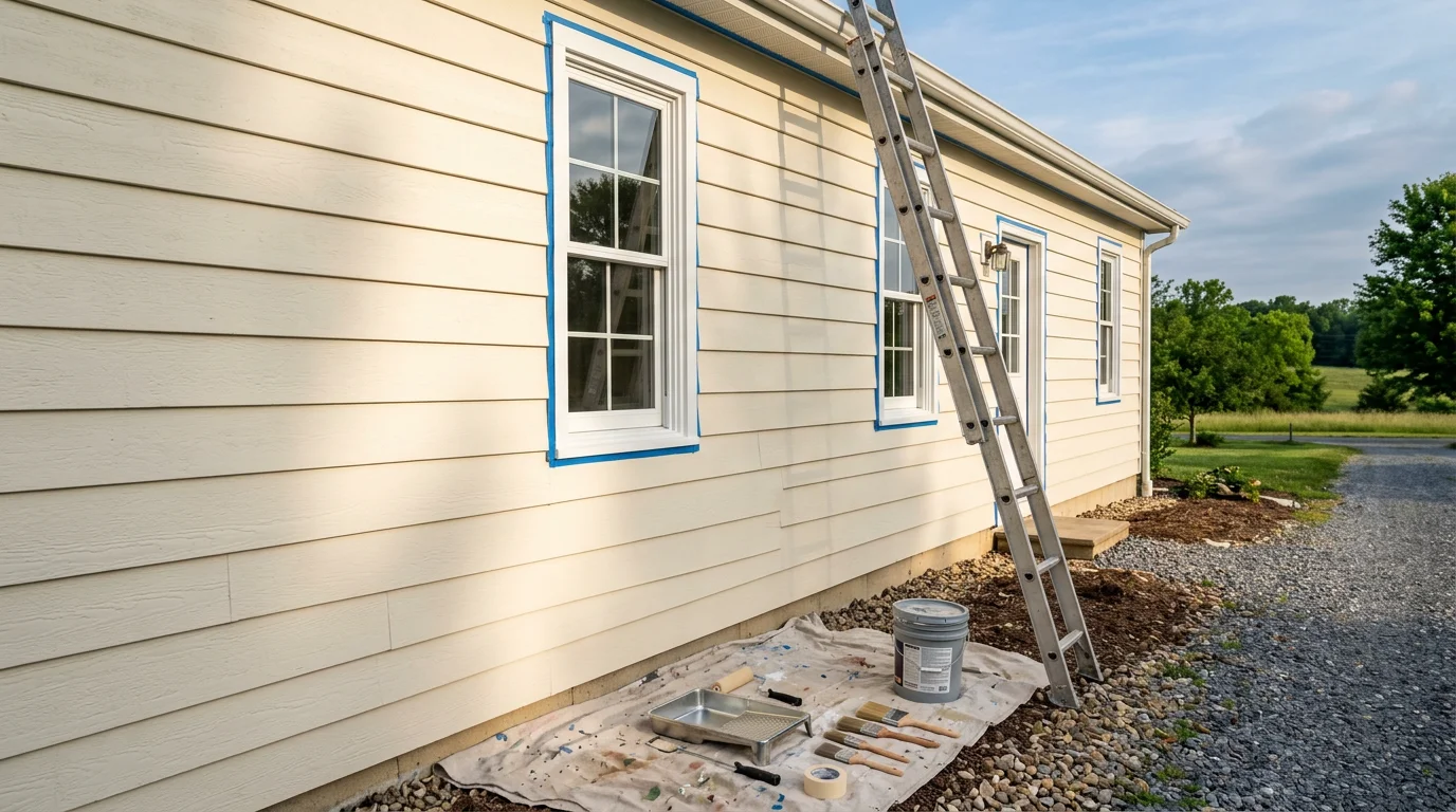 A freshly painted two-story home exterior in Pennsylvania with clean siding and crisp white trim. A painter applies a finish coat to the upper fascia using an extension ladder on a clear day.