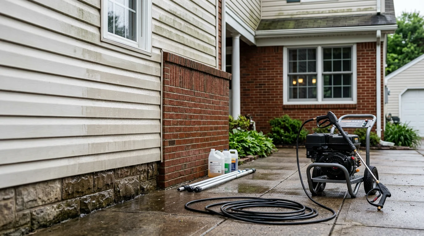 A Pennsylvania home's exterior siding and trim being power washed, with dirt and algae streaks visibly clearing from the surface. The surrounding landscaping and foundation are visible in the background.