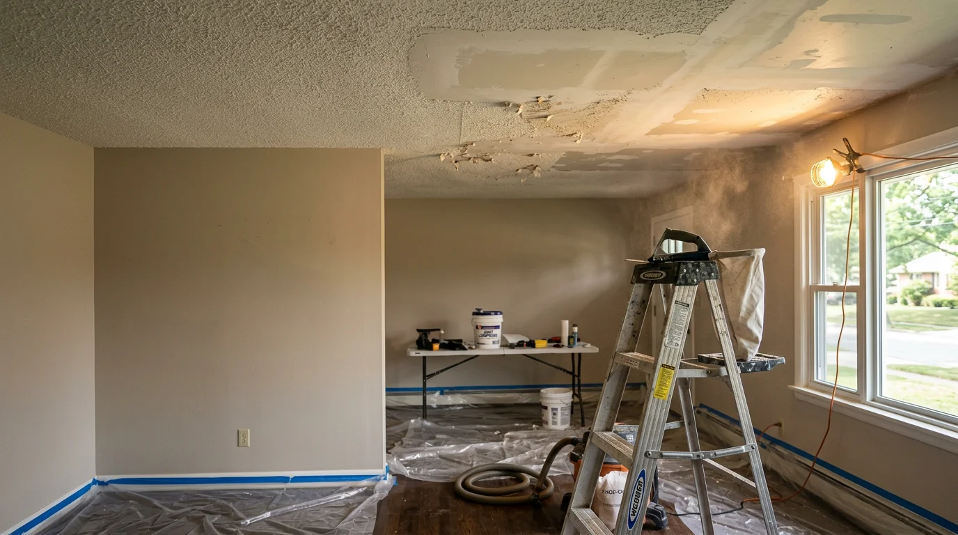 A smooth, freshly skim-coated ceiling in a Pennsylvania home after popcorn texture removal. The flat white surface is paint-ready, with no remaining bumpy texture visible.