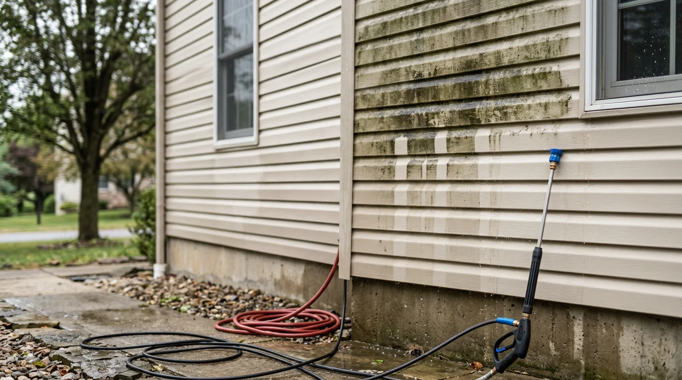 A two-story Pennsylvania home with vinyl siding being cleaned, showing a clear contrast between the freshly cleaned lower panels and the algae-stained upper section still awaiting treatment.