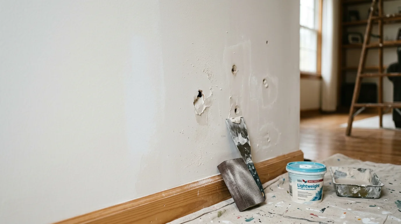A freshly patched and sanded interior wall in a Pennsylvania home, showing a smooth, seamless surface ready for paint. Close-up view of a repaired nail pop and small hole blended flush with the surrounding drywall.