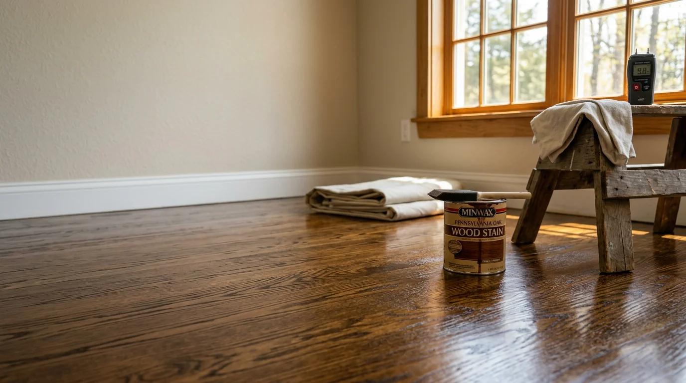 Close-up of a freshly stained and polyurethane-finished hardwood floor inside a Pennsylvania home, showing a smooth, even sheen across the wood grain. A staircase with matching finished wood trim is visible in the background.
