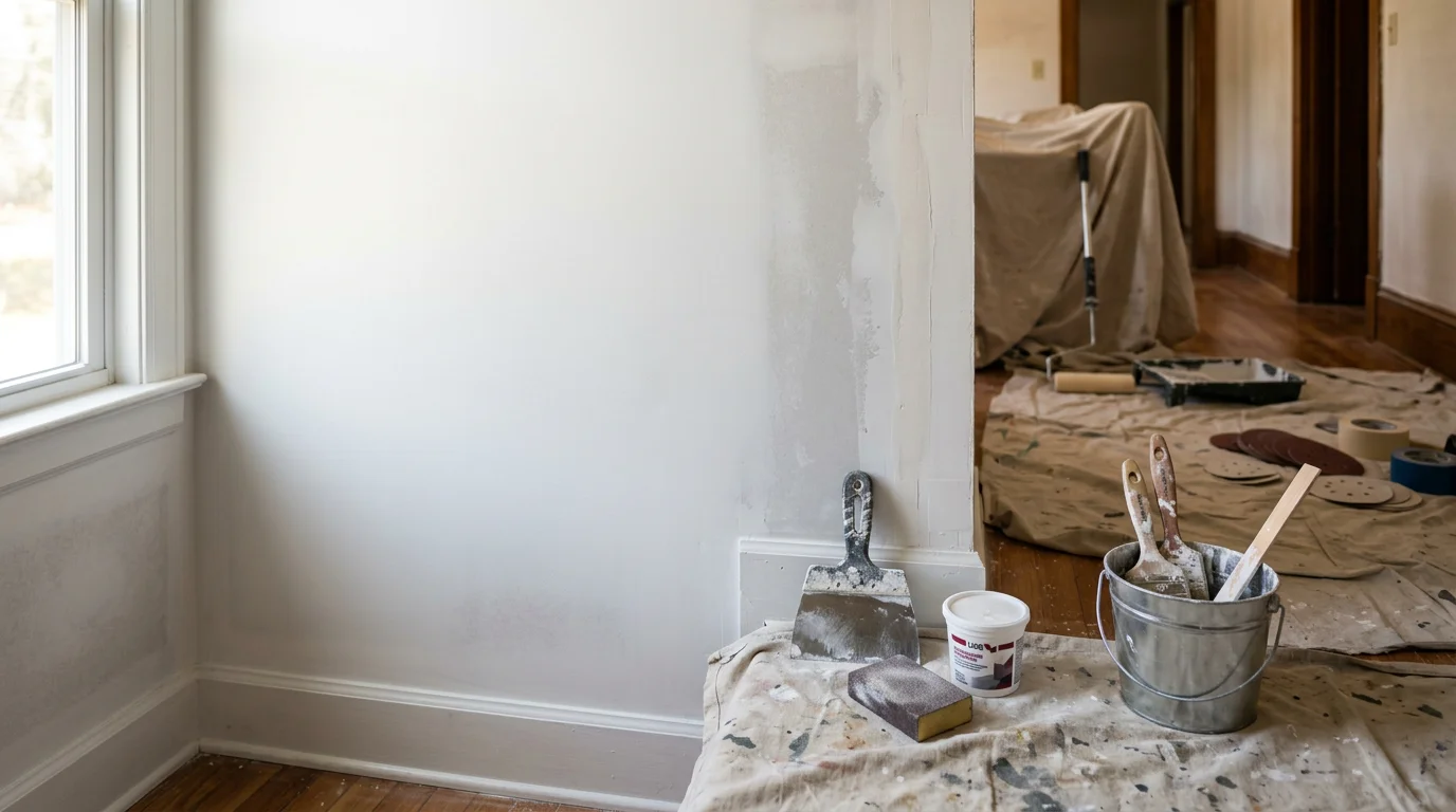A freshly prepped interior wall in a Pennsylvania home after wallpaper removal, showing a smooth, primed surface ready for paint with patched seams and no visible adhesive residue.